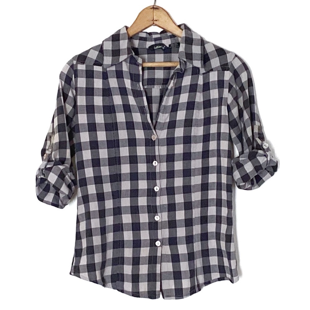 Vintage Fashion Web Plaid Buffalo Check Button-Up Shirt Black Gray Fitted Shirt